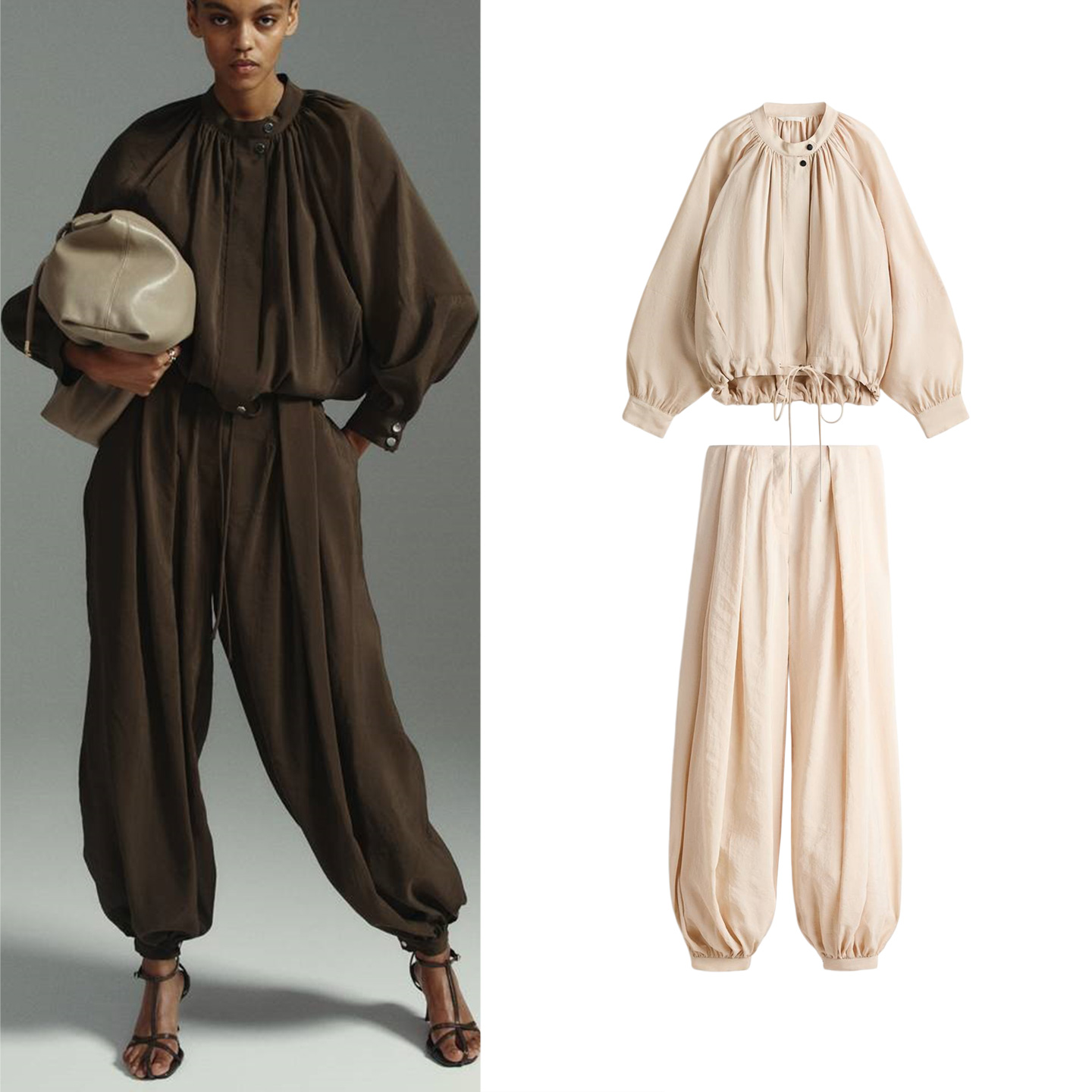 Women'S Fashion Long Coat - ชุดแฟชั่นฤดูร้อนสำหรับผู้หญิง เสื้อคลุมแขนยาวทรงจีน คอตั้ง แขนทรงโคม กางเกงขายาวเอวกลางทรงหลวมสบายๆ