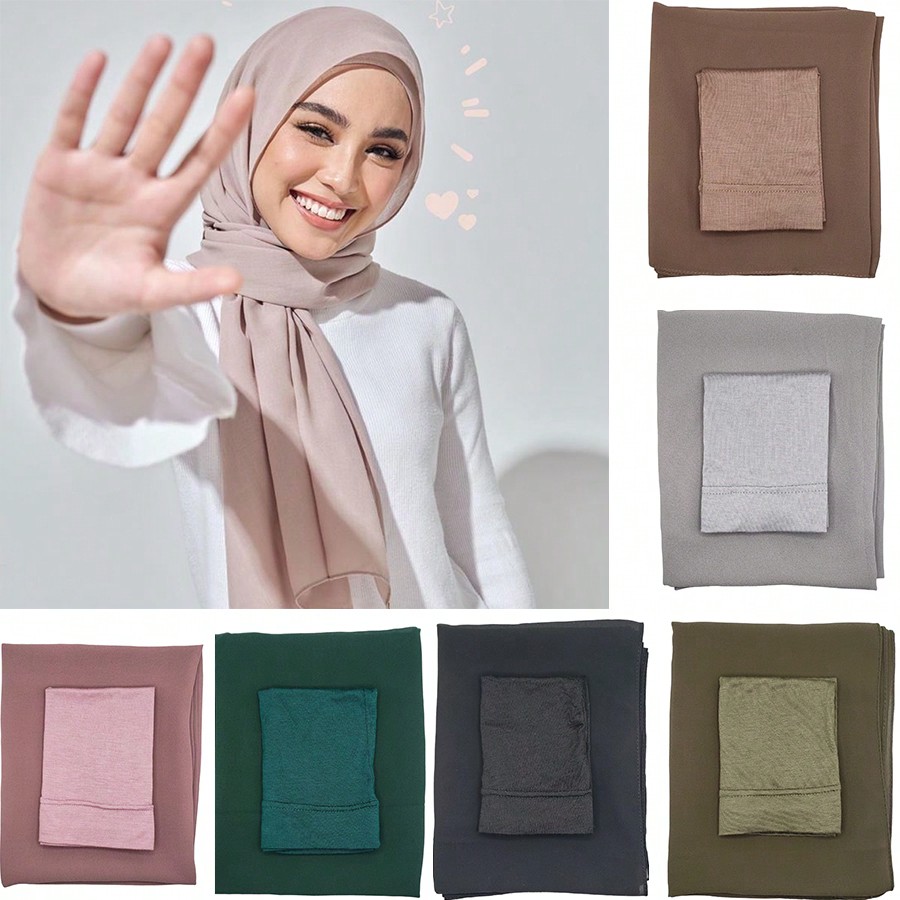Women Fashion Wear - ชุดฮิญาบผ้าชีฟองพร้อมหมวกคลุมผมแบบยืดหยุ่นสำหรับผู้หญิง 2 ชิ้น/ชุด สำหรับสวมใส่ในชีวิตประจำวัน ผ้าคลุมศีรษะแบบทึบ