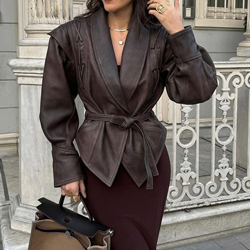 Women'S Fashion Quilted Jacket - เสื้อแจ็คเก็ตหนังผู้หญิงสไตล์สตรีทแวร์สำหรับฤดูใบไม้ร่วง แฟชั่นเสื้อโค้ทสั้นผูกเชือก เอวสูง สไตล์วินเทจ ทำจากหนัง PU