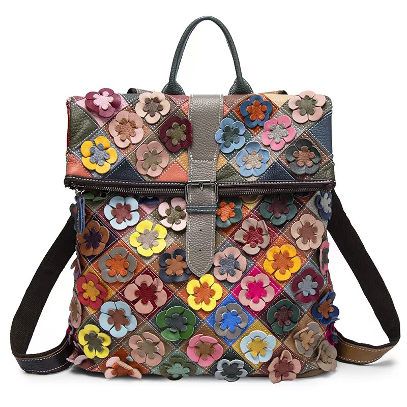 Women'S Fashion Backpack - กระเป๋าเป้สะพายหลังหนังแท้สไตล์วินเทจสำหรับผู้หญิง กระเป๋าหนังวัวแท้ลายดอกไม้ กระเป๋าสะพายไหล่แฟชั่นแบบเย็บปะติดปะต่อ กระเป๋าเดินทางหนังวัวสำหรับผู้หญิง