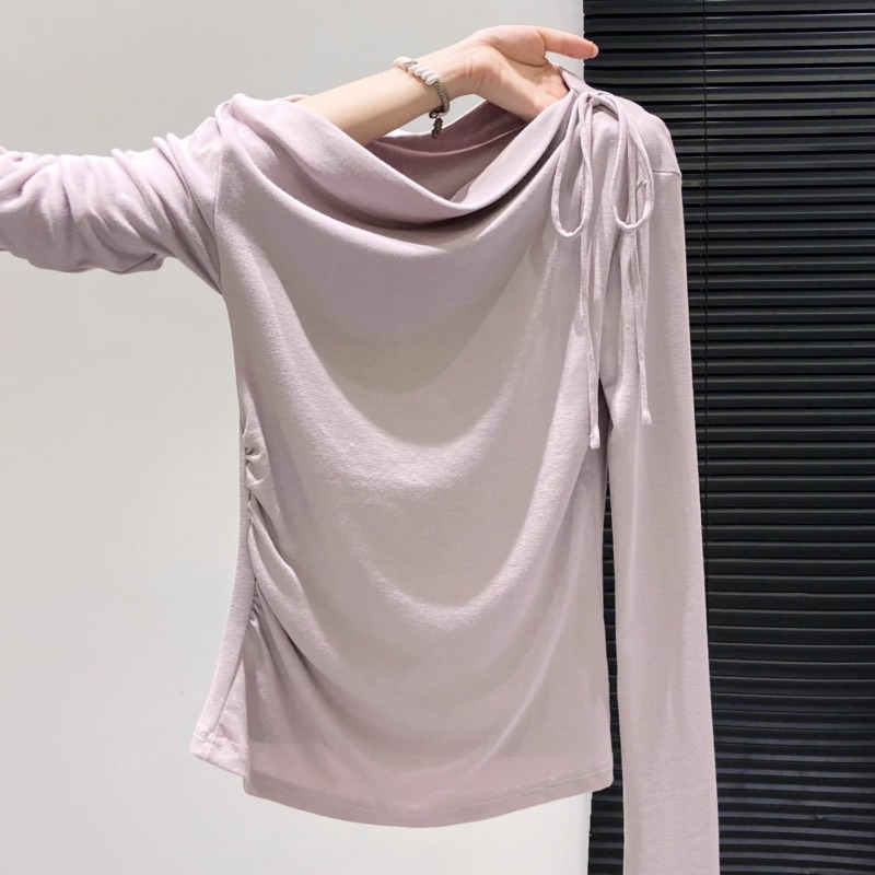 Off Shoulder Top - เสื้อผู้หญิงแบบมีเชือกรูด ไหล่เปิด แขนยาว ทรงเข้ารูป ดีไซน์จีบหรูหรา เหมาะสำหรับต้นฤดูใบไม้ร่วง