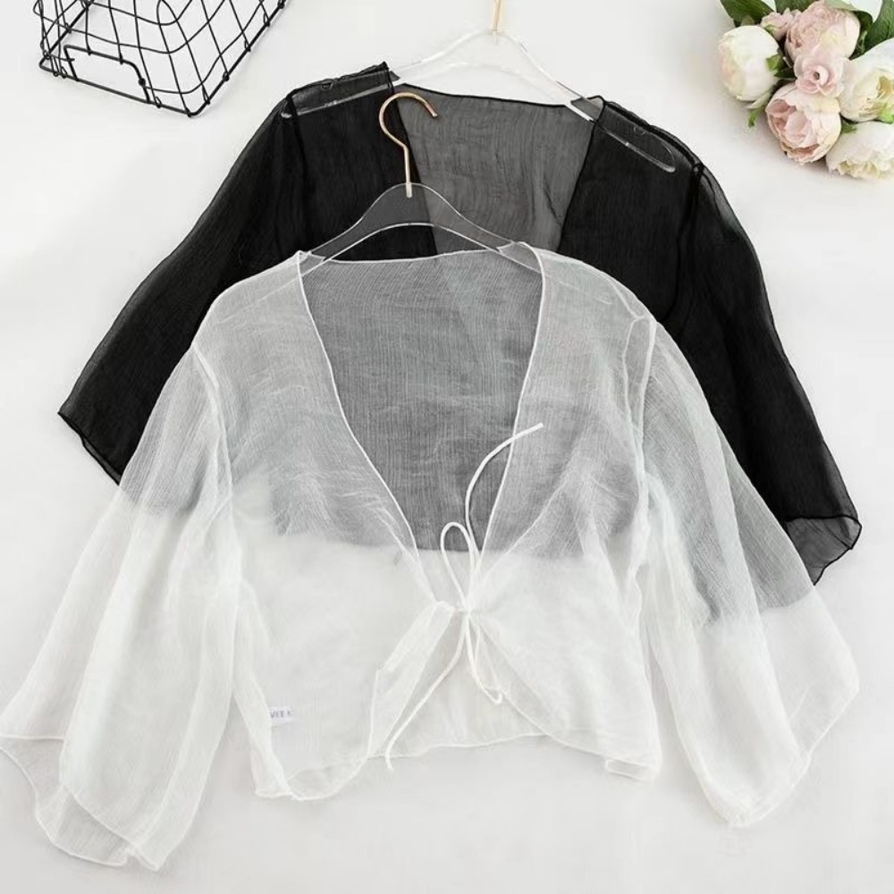 Women'S Fashion Quilted Jacket - ฤดูร้อน Crinkle ผู้หญิงเสื้อสเวตเตอร์ถักชีฟองหลวมบางส่วนด้านบนดูผ่านโปร่งใสผ้าคลุมไหล่สั้นเสื้อแจ็คเก็ตขนาดเล็ก