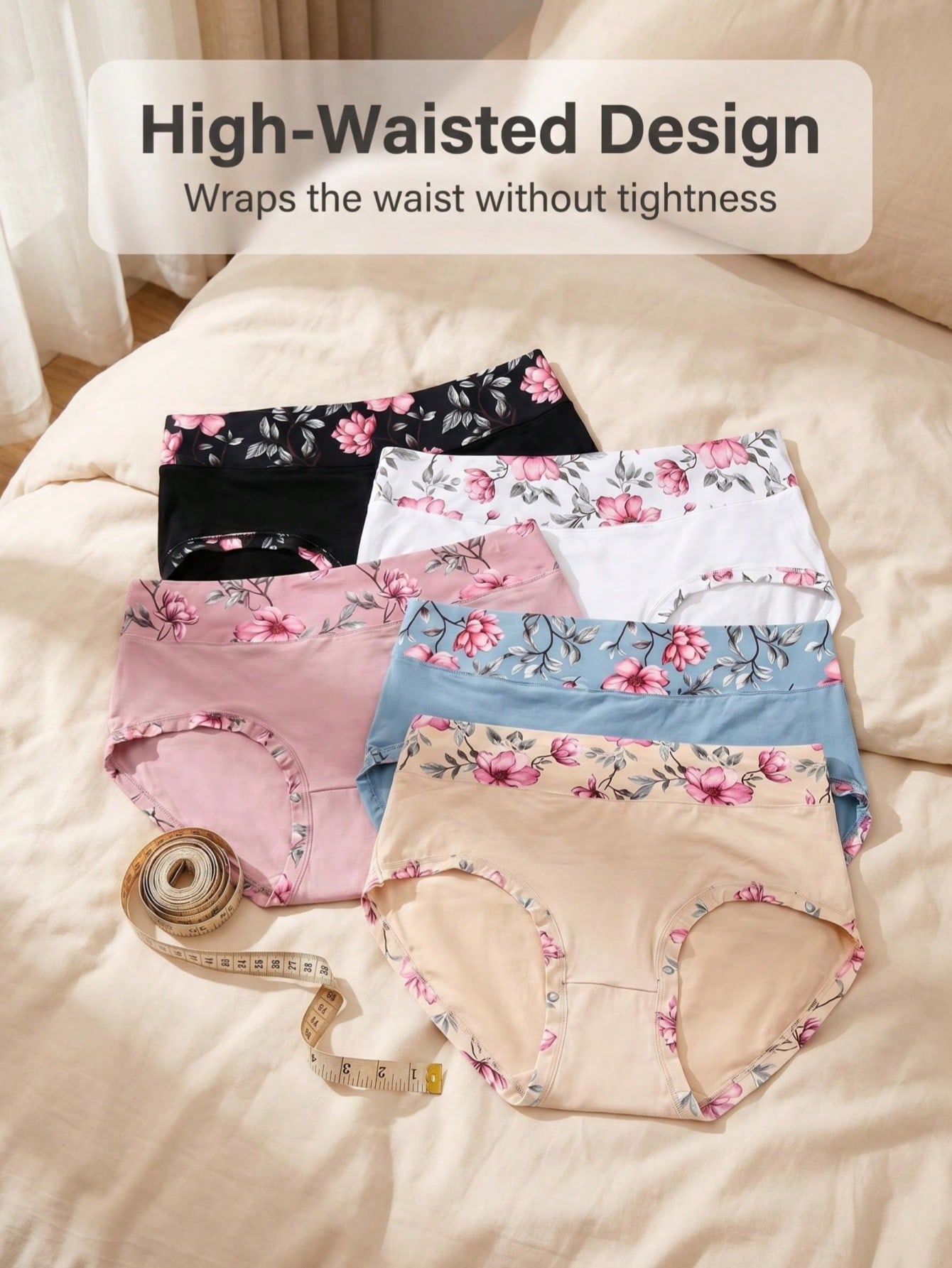 Women Fashion Wear - 5 ชิ้น กางเกงในพิมพ์ลายดอกไม้สำหรับผู้หญิงไซส์ใหญ่, ชุดกางเกงในเอวกลางแบบเต็มตัว, ชุดชั้นในแฟชั่นเนื้อนุ่ม, ชุดใส่ในชีวิตประจำวันสำหรับฤดูร้อน