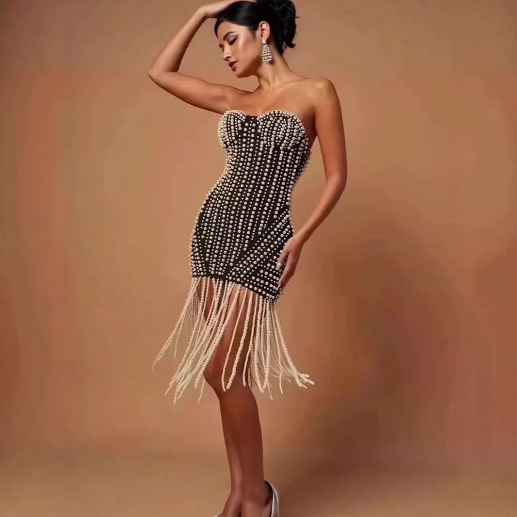 Women'S Fashion Dresses Images - เดรสสั้นรัดรูปเซ็กซี่แบบไม่มีสายรัดไหล่ ชุดราตรีแฟชั่นประดับลูกปัดสำหรับผู้หญิง ชุดเดรสออกงานปาร์ตี้ ซิปหลัง ภาพจริง 100%