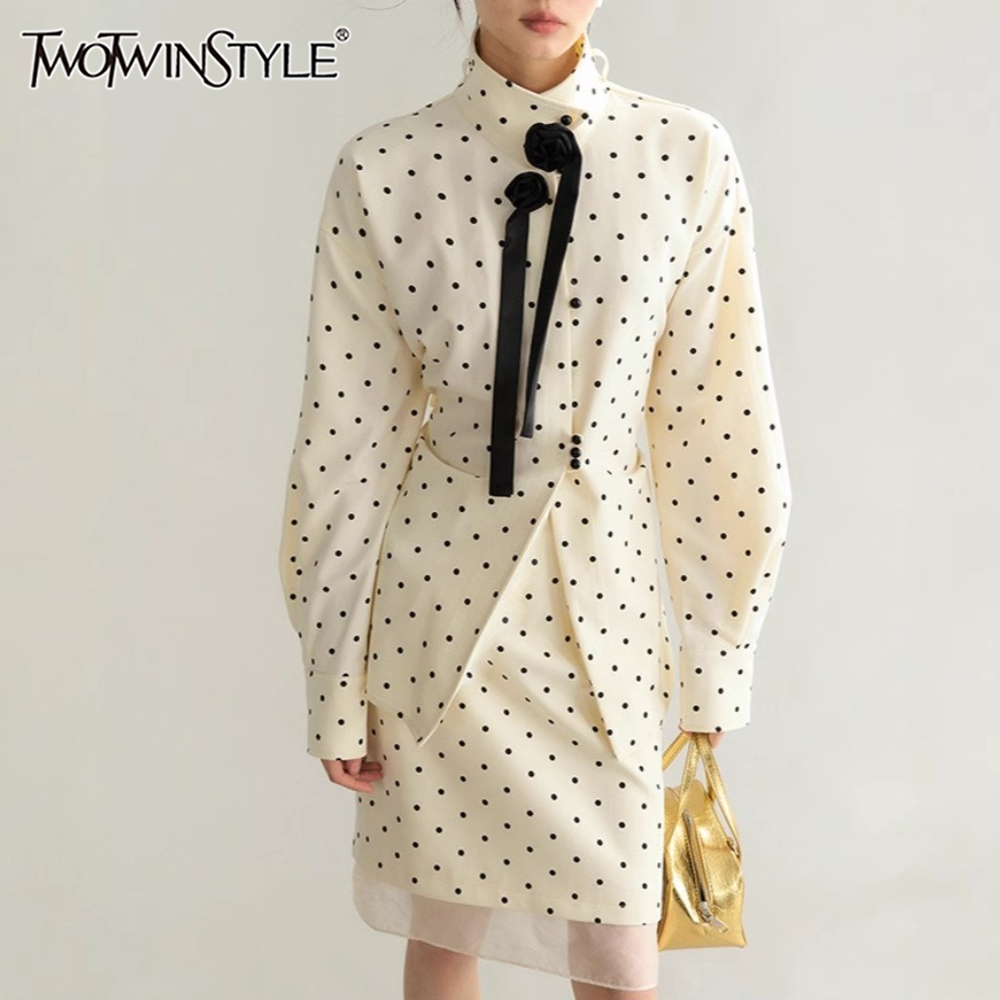 Women'S Fashion Quilted Jacket - ชุดเซ็ตสองชิ้นลายจุดสีเบจ TWOTWINSTYLE เสื้อแจ็คเก็ตแขนยาวคอตั้งสไตล์ฝรั่งเศส กระโปรงแฟชั่นสำหรับผู้หญิง
