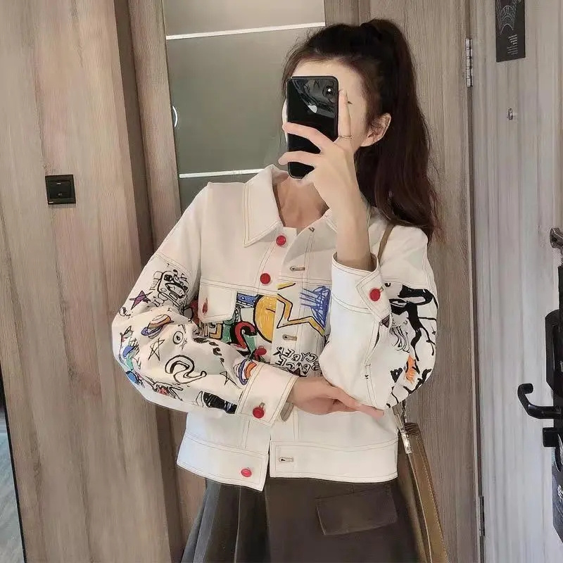 Women'S Fashion Quilted Jacket - หญิงเกาหลีแฟชั่นคาวบอยเสื้อ Outwear 2025 ผู้หญิงพิมพ์ DENIM แจ็คเก็ตฤดูใบไม้ผลิฤดูใบไม้ร่วงสุภาพสตรีแขนยาวกางเกงยีนส์