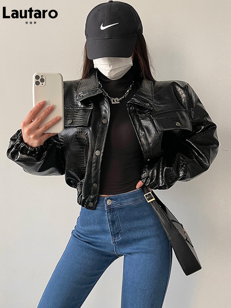 Women'S Fashion Quilted Jacket - Lautaro-จระเข้พิมพ์เสื้อหนังFauxสําหรับผู้หญิง,สั้น,Cool,ขนาดใหญ่,ยุโรปแฟชั่นStreetwear,ปุ่ม,ฤดูใบไม้ผลิ