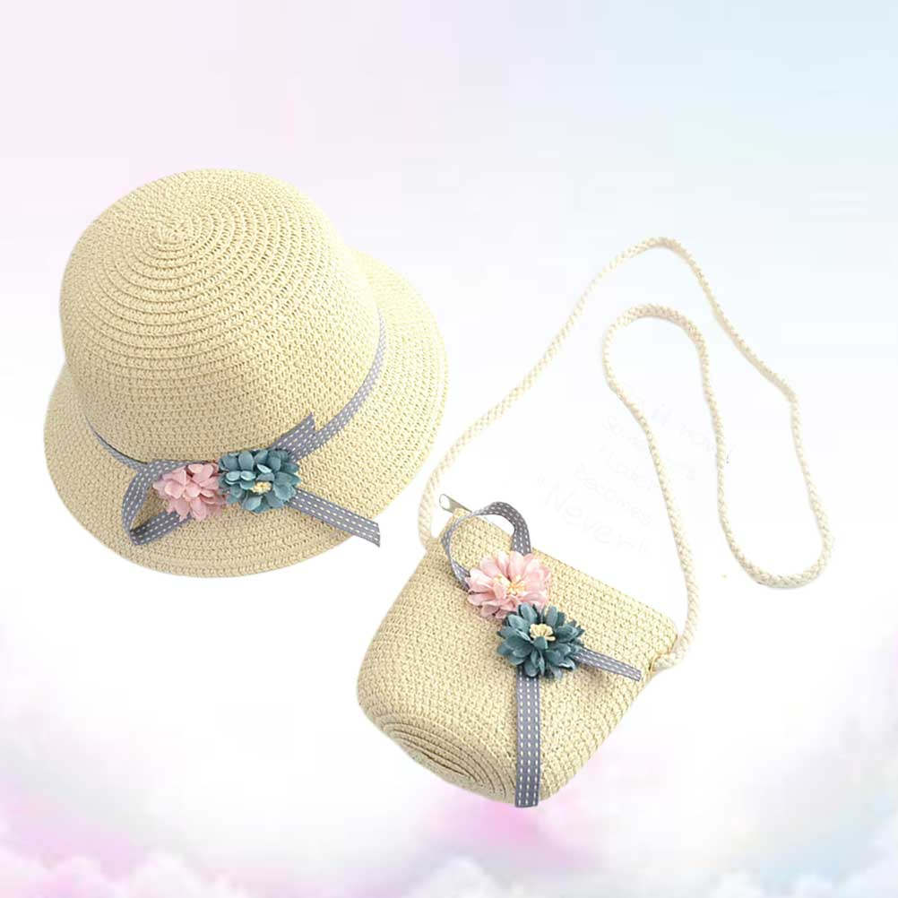 Straw Hat Summer - ชุดหมวกฟางและกระเป๋าสำหรับเด็กผู้หญิง ปีกกว้างป้องกันแสงแดด เครื่องประดับศีรษะสำหรับเด็กเล็ก ชุดชายหาดฤดูร้อนพร้อมอุปกรณ์เสริมที่เข้าชุดกัน