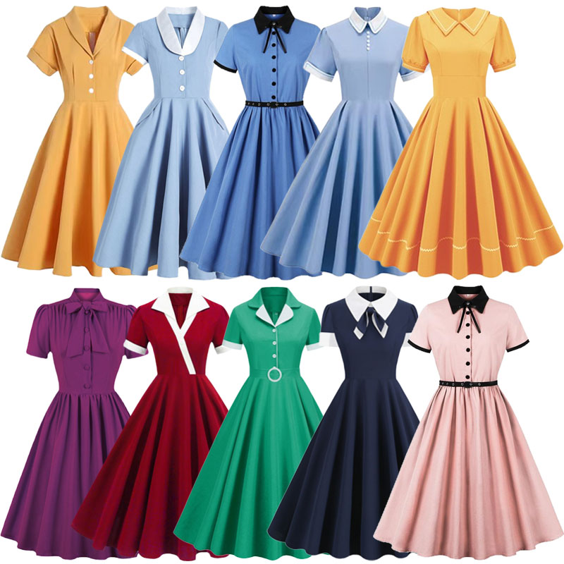 Women'S Fashion In The 1960S - ฤดูร้อนฝรั่งเศส 1960s retro Audrey Hepburn สไตล์นุ่มสง่างามสีทึบคอปกแขนสั้นแฟชั่นชุดวิทยาลัย