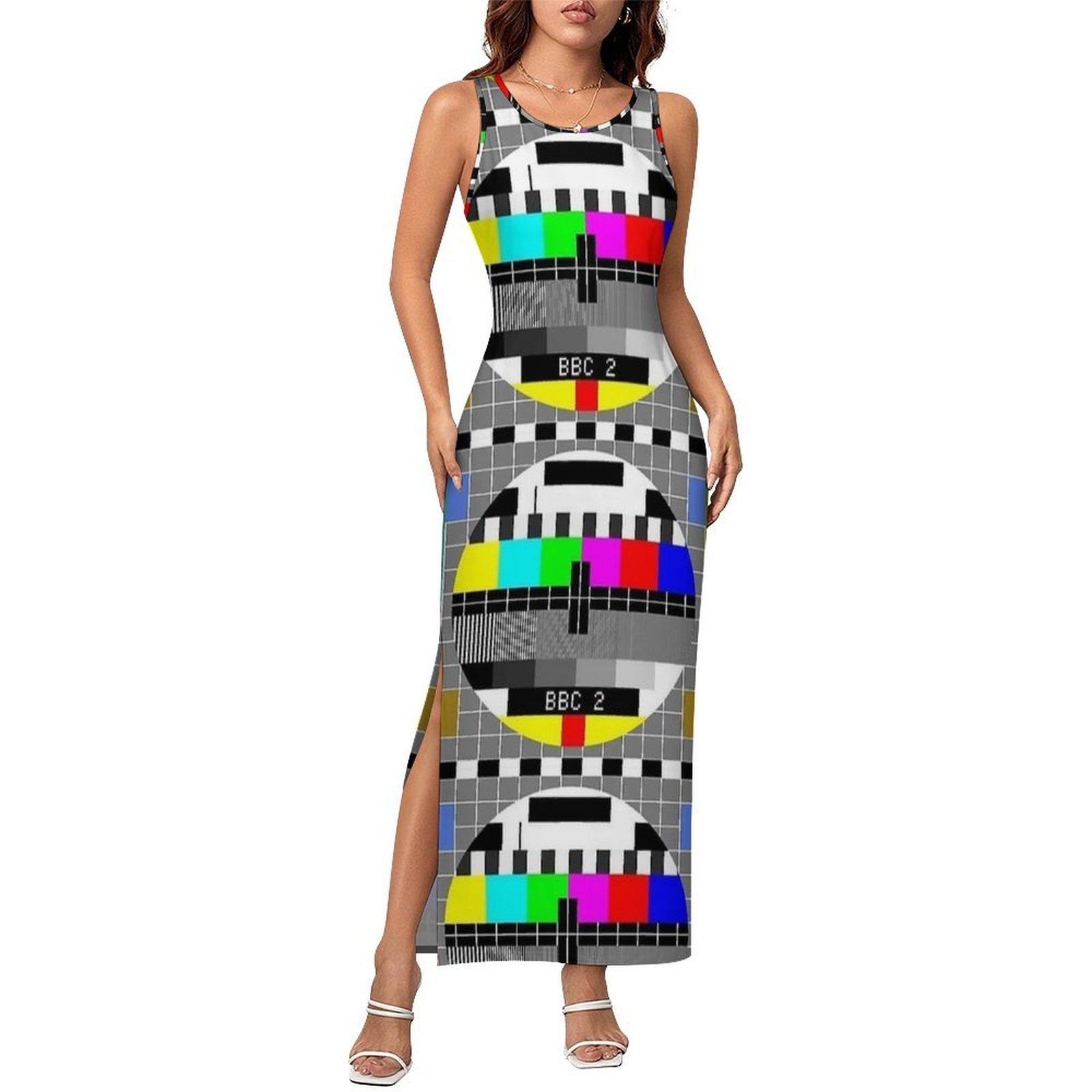 Women'S Fashion Dresses Images - เดรสทรงบอดี้คอนสำหรับผู้หญิง ลายพิมพ์การ์ดทดสอบภาพทีวี ลำลอง แม็กซี่เดรส แขนกุด สไตล์