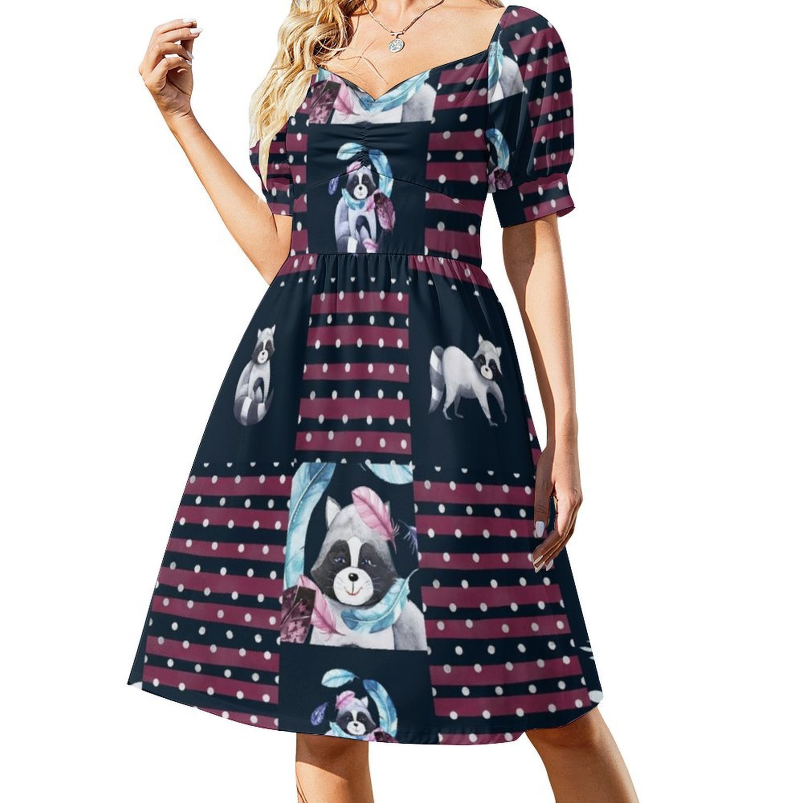 ชุดเดรสลายดอกไม้ขนนกแรคคูนสำหร - Smocked Dress Women บทวิจารณ์และราคา